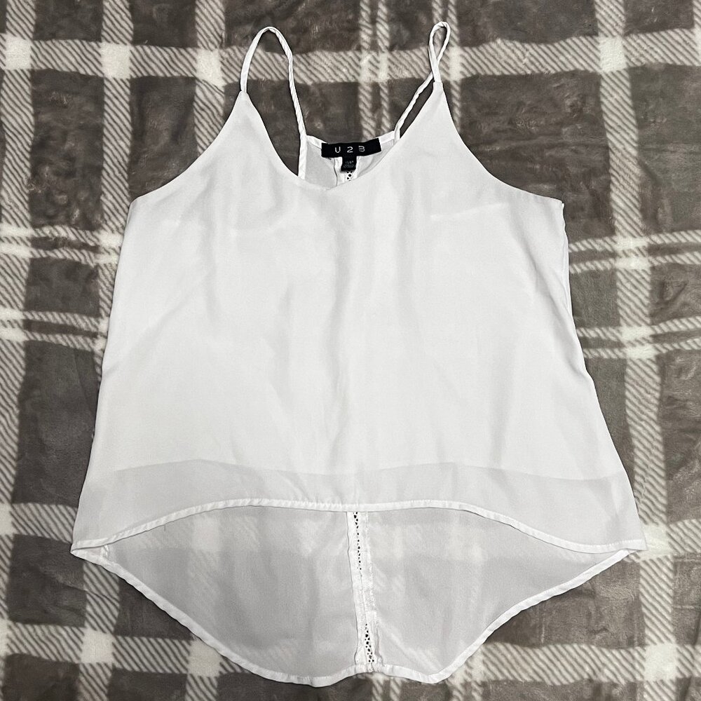 U2B White Chiffon Tank w/ Sheer Panel & Spaghetti Straps – Minimal & Breezy